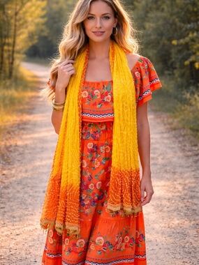 Vibrant Orange Floral Maxi Dress with Yellow Ombre Scarf